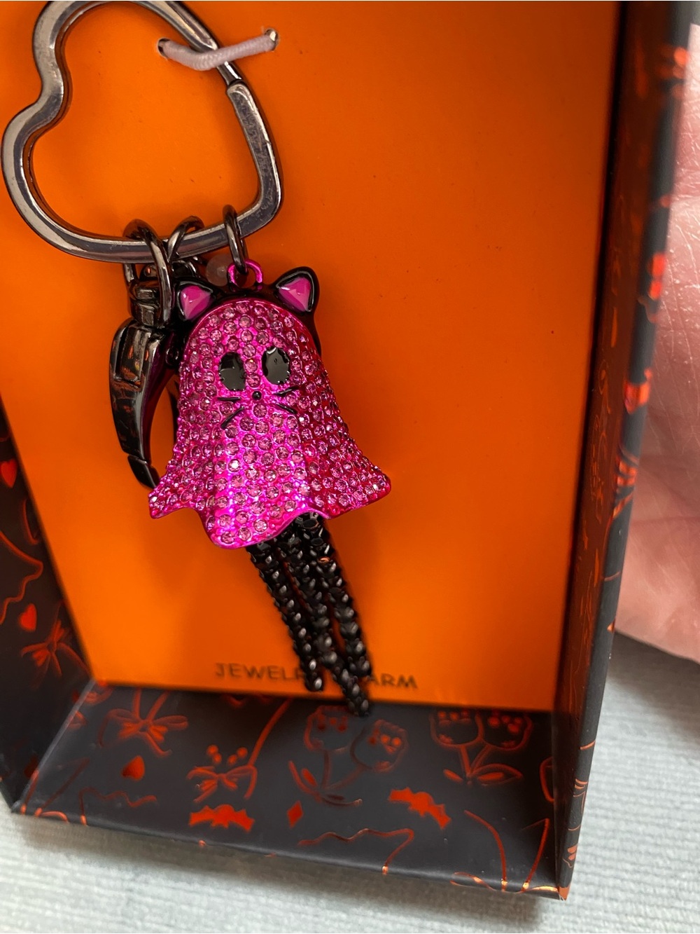 Betsey Johnson Hot Pink Crystal Ghost Cat NIB Keychain with Black Tassel - Picture 4 of 14